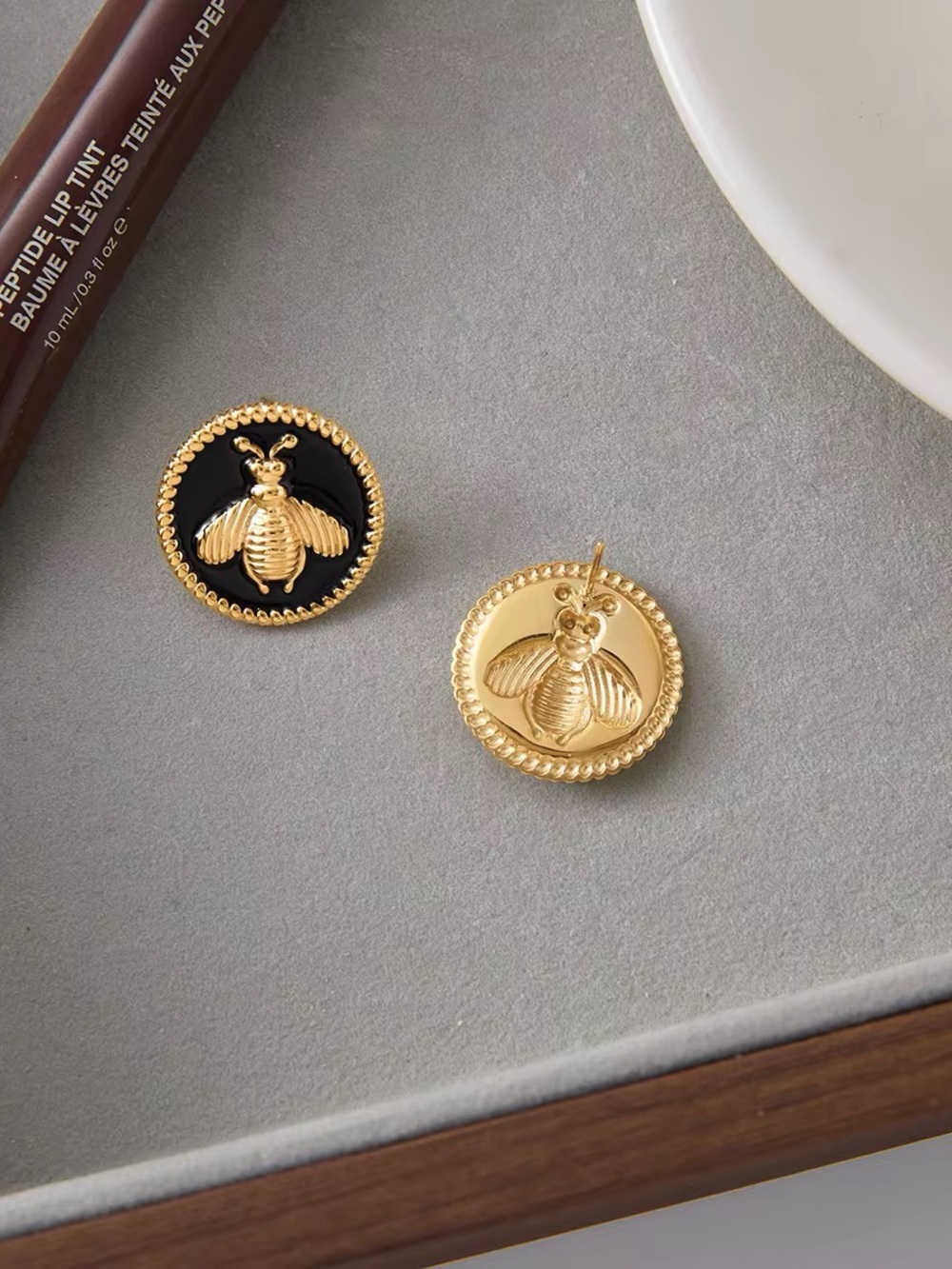 18K Gold Plated Black Enamel Button Bee Stud Earrings - Picture 3 of 6